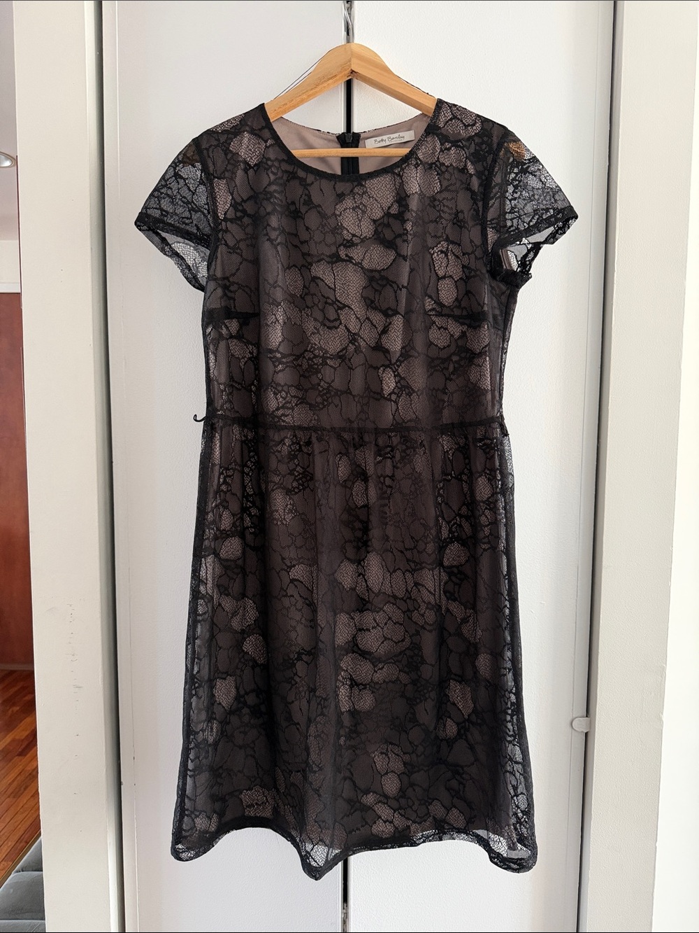 Black Lace Overlay Formal Dress with Nude Lining